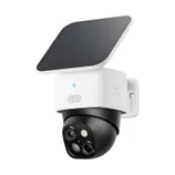 A Eufy security camera with a solar panel, featuring a dual-lens system for expanded coverage and a sleek white and black design.