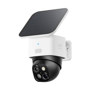 A Eufy security camera with a solar panel, featuring a dual-lens system for expanded coverage and a sleek white and black design.