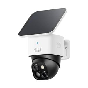 A Eufy security camera with a solar panel, featuring a dual-lens system for expanded coverage and a sleek white and black design.