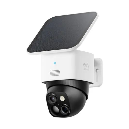 A Eufy security camera with a solar panel, featuring a dual-lens system for expanded coverage and a sleek white and black design.