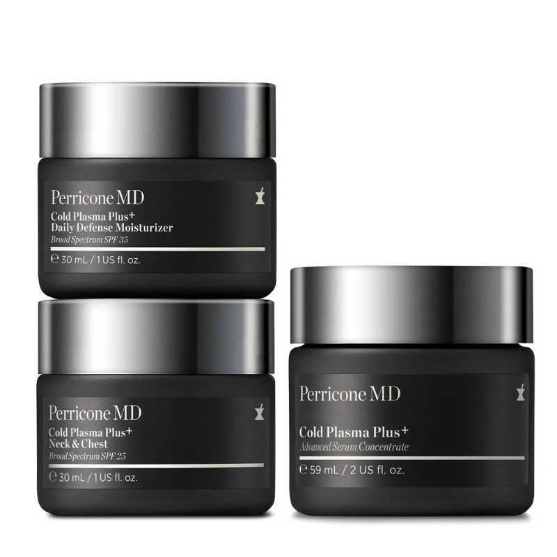 Perricone MD Cold Plasma Plus+ collection features a Daily Defense Moisturizer (SPF 35, 30 mL), a Neck & Chest Cream (SPF 25, 30 mL), and an Advanced Serum Concentrate (59 mL), designed for skincare and sun protection.