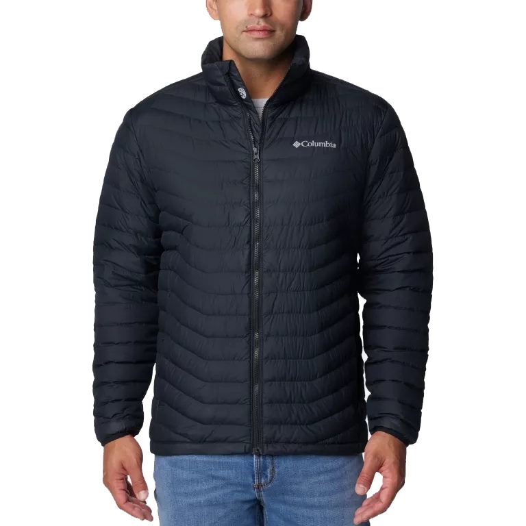Columbia Men's Westridge Down Jacket is a black, quilted jacket with a front zipper and the Columbia logo on the chest, designed for warmth and comfort.