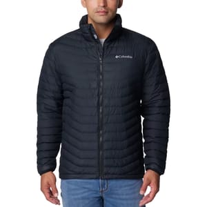 Columbia Men's Westridge Down Jacket is a black, quilted jacket with a front zipper and the Columbia logo on the chest, designed for warmth and comfort.