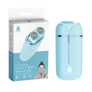 A blue Pursonic painless electric shaver is shown next to its packaging, which highlights its features: effortlessly removes tiny hairs, powerful, gentle, and smooth operation.