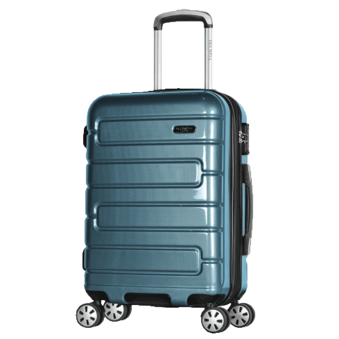 A blue hard-shell suitcase with a telescopic handle and four swivel wheels.