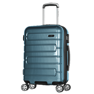 A blue hard-shell suitcase with a telescopic handle and four swivel wheels.