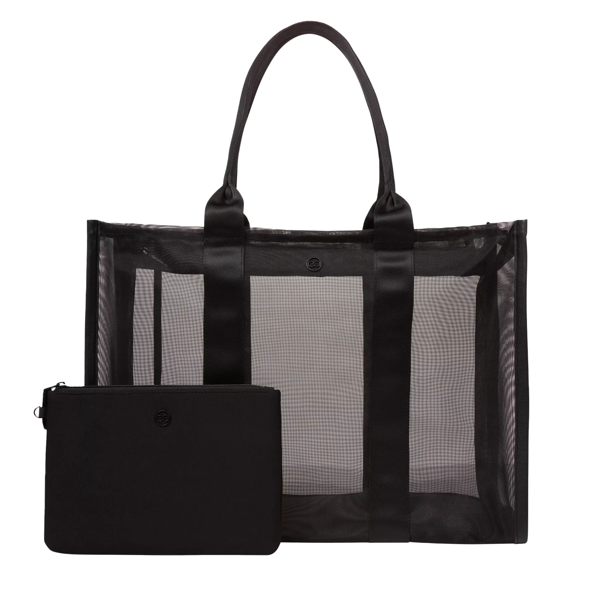 The Calia Beach Tote Set includes a large, black mesh tote bag with sturdy handles and a matching black zippered pouch.