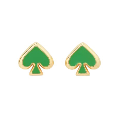 Gold and green spade-shaped earrings with a polished finish.