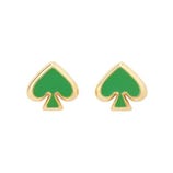Gold and green spade-shaped earrings with a polished finish.
