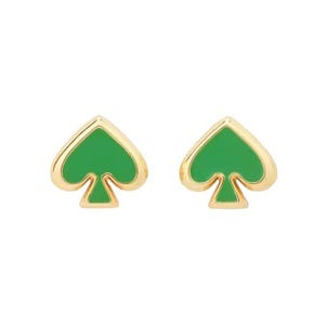 Gold and green spade-shaped earrings with a polished finish.