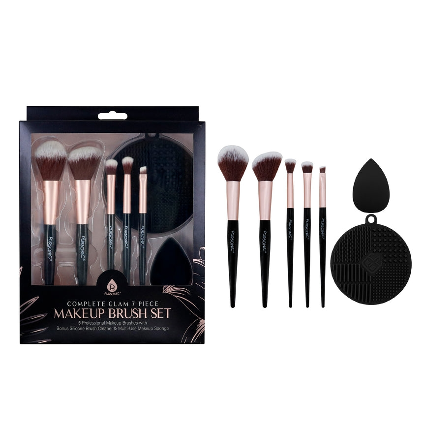 Complete Glam 7-piece makeup brush set with five professional brushes, a silicone brush cleaner, and a multi-use makeup sponge.