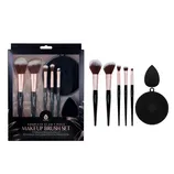 Complete Glam 7-piece makeup brush set with five professional brushes, a silicone brush cleaner, and a multi-use makeup sponge.