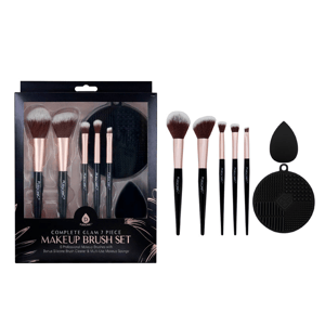 Complete Glam 7-piece makeup brush set with five professional brushes, a silicone brush cleaner, and a multi-use makeup sponge.