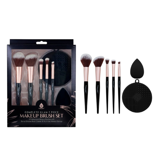 Complete Glam 7-piece makeup brush set with five professional brushes, a silicone brush cleaner, and a multi-use makeup sponge.