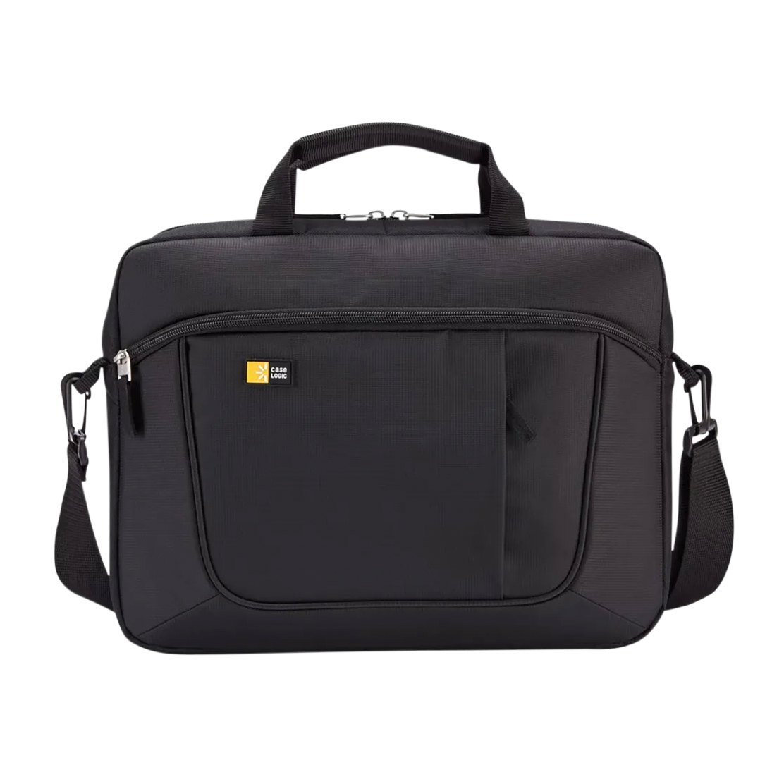 A black laptop briefcase with a top handle, detachable shoulder strap, and front zippered pocket. It features a subtle logo and sleek, minimalist design.