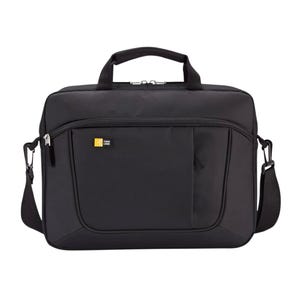 A black laptop briefcase with a top handle, detachable shoulder strap, and front zippered pocket. It features a subtle logo and sleek, minimalist design.