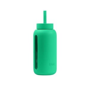 Green silicone water bottle with a built-in straw and vertical window for measuring liquid levels.