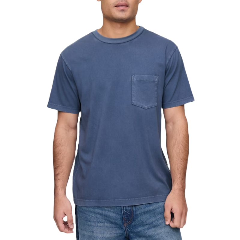 A relaxed, short-sleeve T-shirt in a washed navy color with a chest pocket and crew neck, paired with blue jeans.