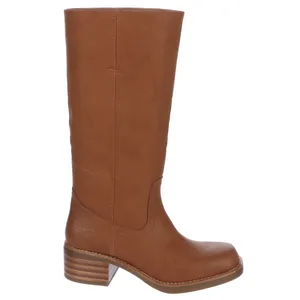 Brown mid-calf leather boot with a stacked block heel and decorative stitching, featuring the brand \“FRYE & CO\“ embossed near the heel.