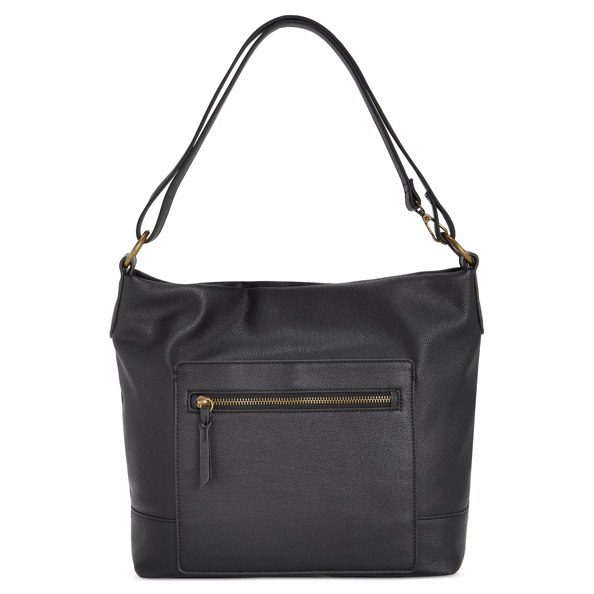 Black leather shoulder bag with a front zippered pocket and adjustable strap.