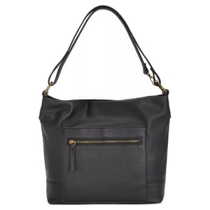 Black leather shoulder bag with a front zippered pocket and adjustable strap.