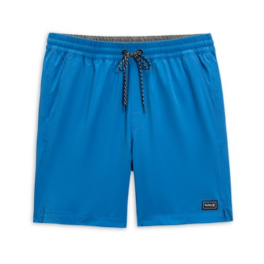 Blue drawstring shorts with side pockets and a small logo patch.