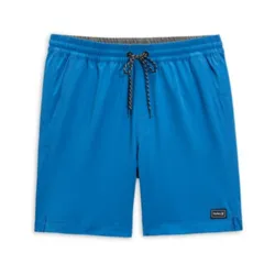 Blue drawstring shorts with side pockets and a small logo patch.