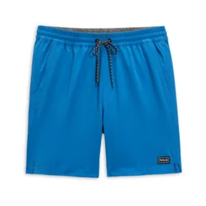 Blue drawstring shorts with side pockets and a small logo patch.