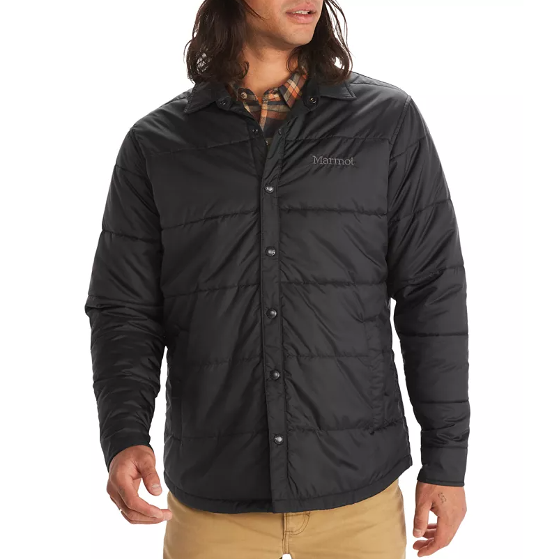 A black Marmot men's puffy shirt jacket with button-up front and the Marmot logo on the left chest area.