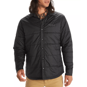 A black Marmot men's puffy shirt jacket with button-up front and the Marmot logo on the left chest area.