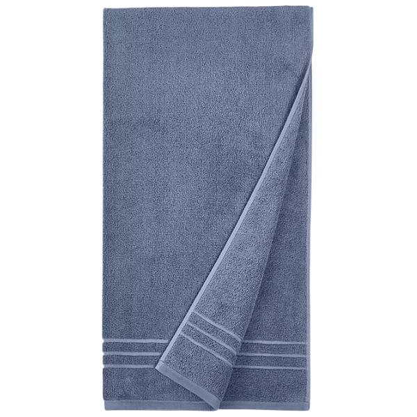 Dark blue bath towel with a subtle striped pattern at one end, designed for quick drying.