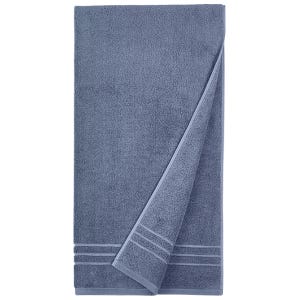 Dark blue bath towel with a subtle striped pattern at one end, designed for quick drying.