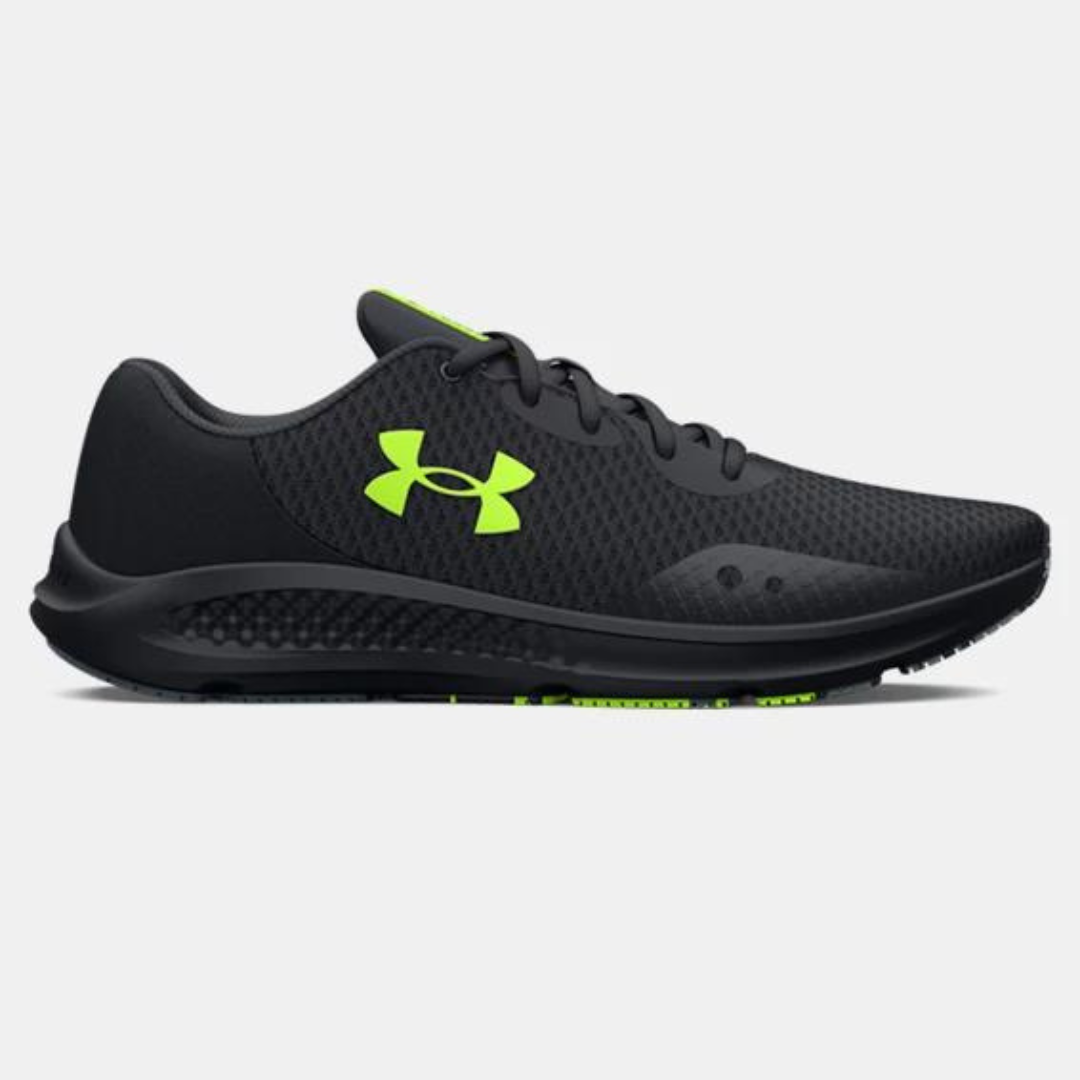 Black and neon green athletic running shoe with a distinct logo on the side.