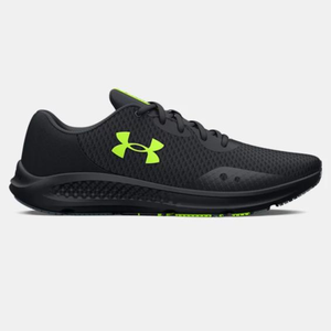 Black and neon green athletic running shoe with a distinct logo on the side.