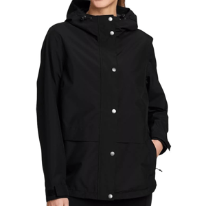 The Eddie Bauer Rainfoil Storm Jacket is a black rain jacket featuring a hood, snap button closures, and adjustable cuffs, designed for water resistance and protection against the elements.