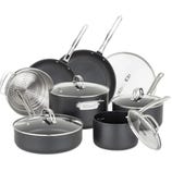 A cookware set includes various pots and pans with lids and a steamer insert, featuring a non-stick surface and polished handles.
