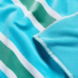 A teal and white striped beach towel with a close-up view showing the texture and stitching details.