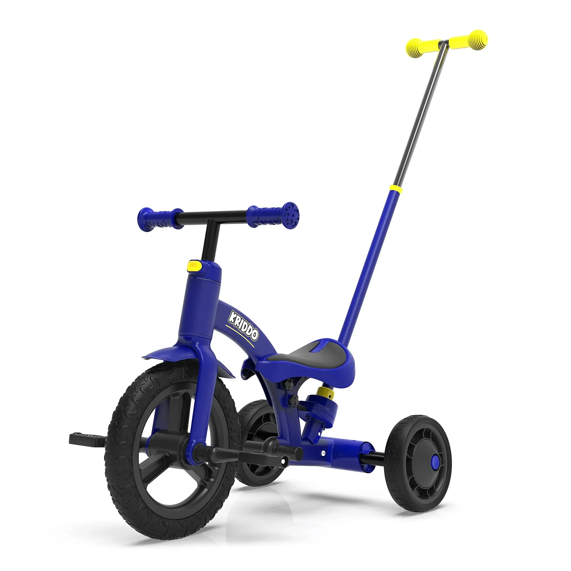 A blue and black children's tricycle with three wheels, a handlebar, and a rear push handle for guidance.