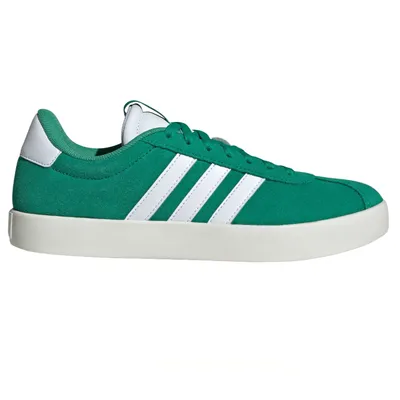 Green Adidas sneaker with white stripes and a white sole.