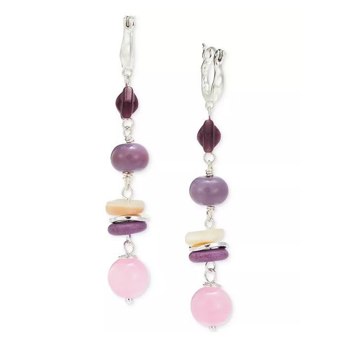 A pair of dangle earrings featuring a mix of purple and pink beads of various shapes and sizes.