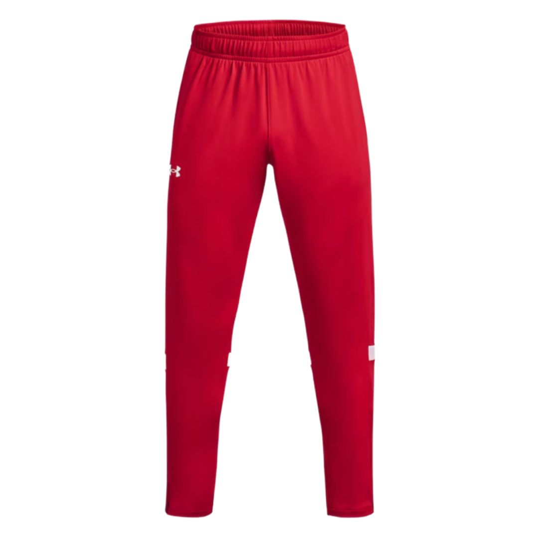 Red joggers with an elastic waistband and white logo detail on the side.