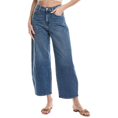 Person wearing high-waisted, wide-leg blue jeans with a casual fit and flat sandals.