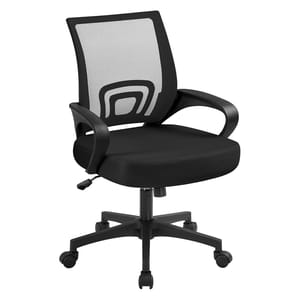 A black ergonomic desk chair with a mesh backrest, cushioned seat, and adjustable height. It features armrests and a five-wheel base for mobility.