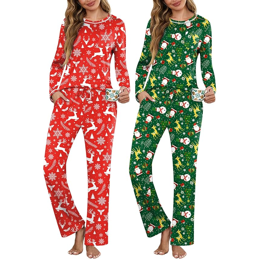 Two sets of festive holiday pajamas featuring long sleeves and full-length pants. One set is red with white reindeer and snowflake patterns, while the other is green with images of Santa, reindeer, and Christmas trees.