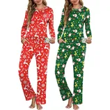 Two sets of festive holiday pajamas featuring long sleeves and full-length pants. One set is red with white reindeer and snowflake patterns, while the other is green with images of Santa, reindeer, and Christmas trees.
