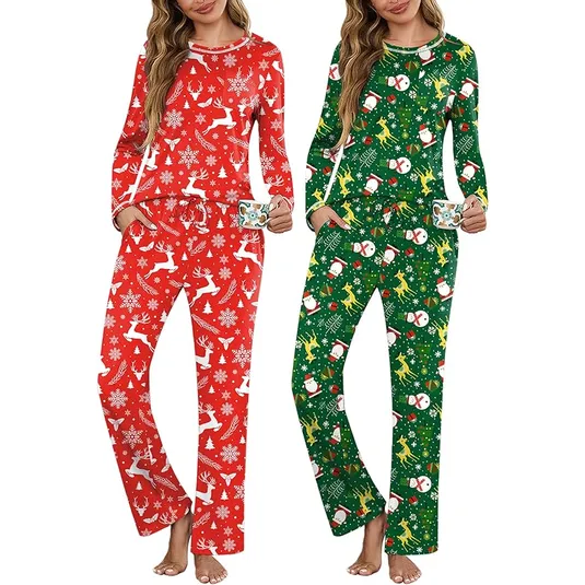 Two sets of festive holiday pajamas featuring long sleeves and full-length pants. One set is red with white reindeer and snowflake patterns, while the other is green with images of Santa, reindeer, and Christmas trees.