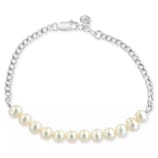 A bracelet with nine cream-colored pearls set on a silver chain, featuring a clasp closure.