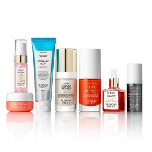 7-piece Sunday Riley Skincare Kit includes: Pink Drink Firming Resurfacing Essence, Ceramic Slip Cleanser, Good Genes Lactic Acid Treatment, C.E.O. Vitamin C Brightening Serum, C.E.O. Glow Vitamin C + Turmeric Face Oil, Auto Correct Eye Cream, and C.E.O. Afterglow Moisturizer.