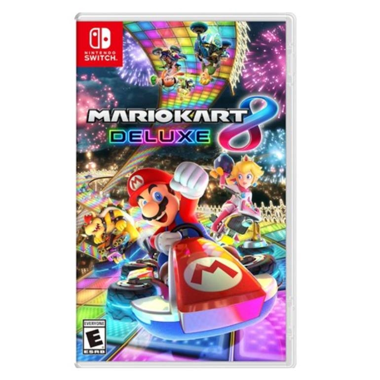 Mario Kart 8 Deluxe for Nintendo Switch features a colorful cover with characters like Mario and Peach racing on karts. It's rated E for Everyone.