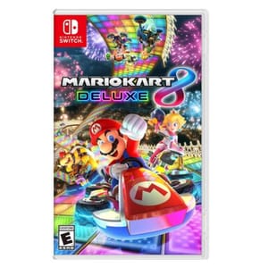 Mario Kart 8 Deluxe for Nintendo Switch features a colorful cover with characters like Mario and Peach racing on karts. It's rated E for Everyone.